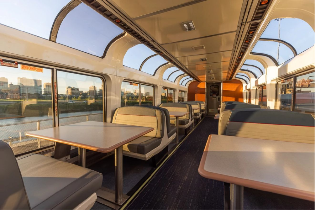 Passenger train on tracks with modern carriages